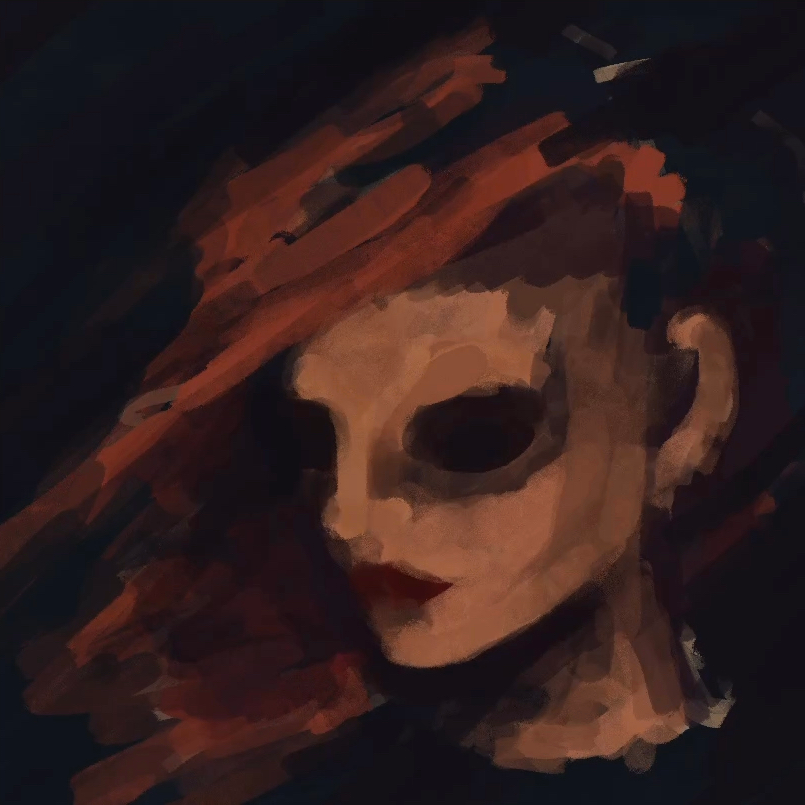 Illustration depicting a medium-skin-tone face with windswept red hair and black shadows where the eyes would be.